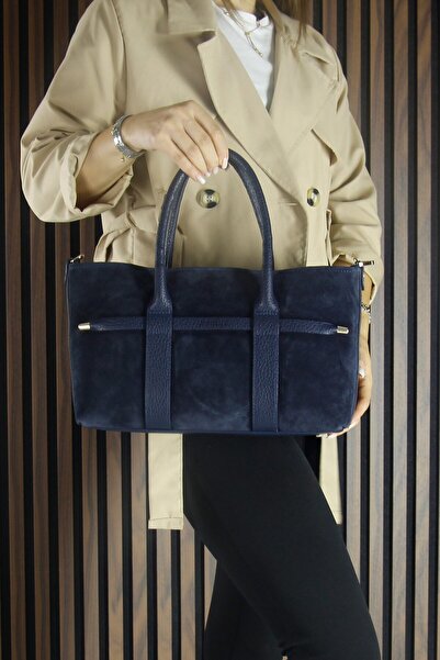 Erkan Saçmacı Navy Blue Genuine Cowhide Suede Zippered Three-Compartment Inner Pocket Medium Size Casual Shoulder Bag with Strap