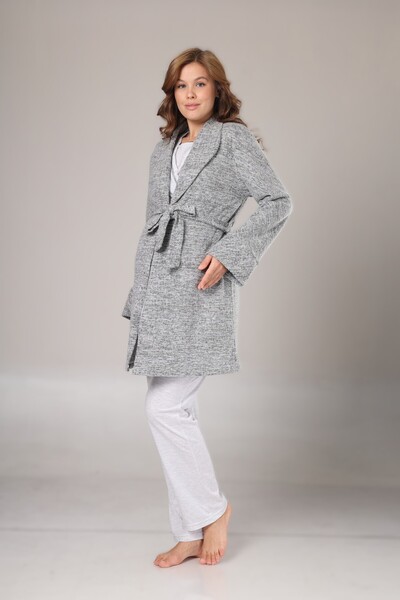 Pelin Women's Gray Double-Breasted Collar Adjustable Waist Specialized Maternity 3-Piece Pajama Set