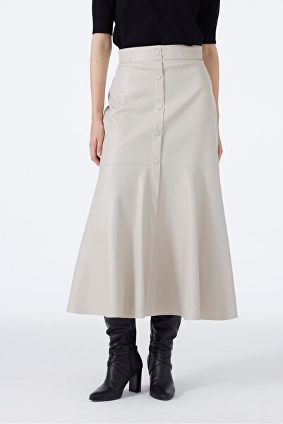 Zühre Button Look Stone Leather Skirt Etk-0194