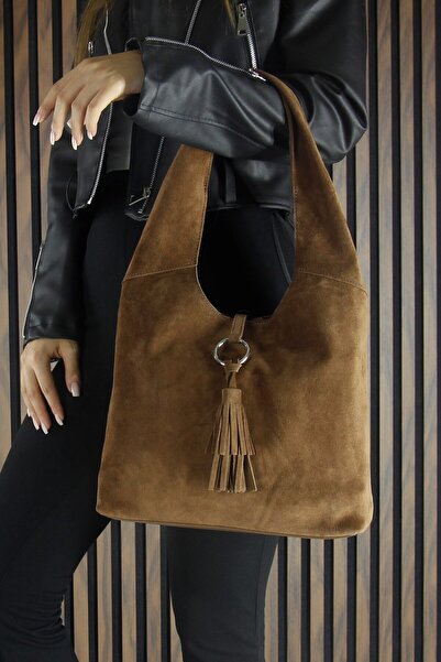 Erkan Saçmacı Caramel Genuine Cowhide Suede Tasseled Magnetic Closure Medium Size Daily Shoulder Bag
