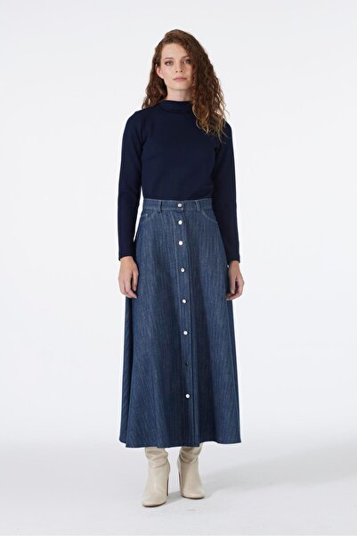 Zühre Button Detailed Navy Blue Skirt Etk-0201