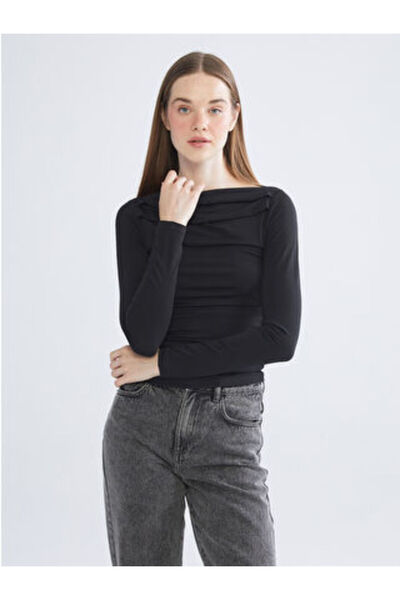 LC Waikiki M1 Sezon Black Boat Neck Ruched Blouse