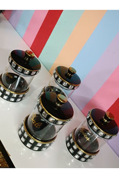 DEKOR ZÜCCACİYE HOME 4-Piece Royking Small Glass Spice Jar with Black Stone