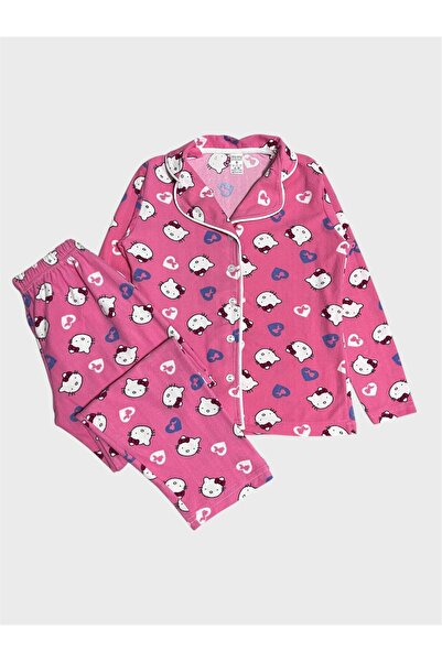ALİŞ KİDS Σετ πιτζάμες για κορίτσια από βαμβακερό ύφασμα σουέτ ροζ με σχέδιο Hello Kitty με μακρυμάνικο πουκάμισο με κουμπιά στο γιακά