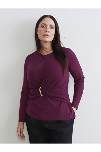 LC Waikiki Burgundy Plus Size Crew Neck Gathered Blouse from Plus-Store