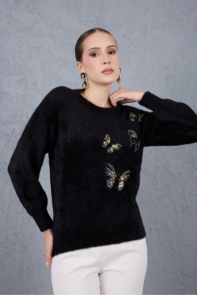 Moda Days Pulover de tricotat B guler rotund pentru femei, negru, cu mâneci b...