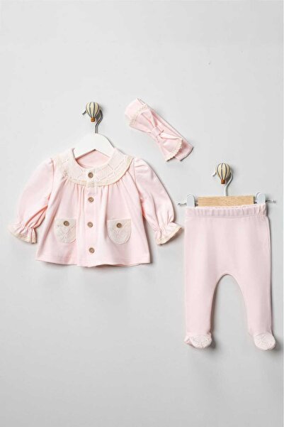 Latelier Midumi طقم ملابس للأطفال، بنات، لون وردي، قماش إنترلوك قطن 100%، طقم من 3 قطع للاستخدام بعد الخروج من المستشفى