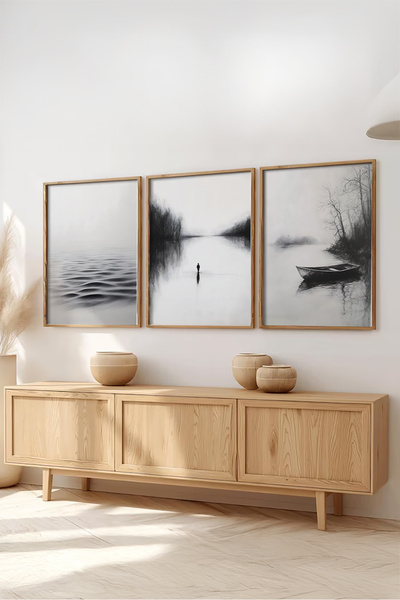 huhuli Ahşap Çerçeveli 3'lü Kara Kalem Tasarımlı Tablo Huhu519