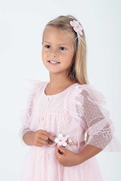 Ahenk Kids Βραδινό φόρεμα από τούλι με δαντέλα με ζώνη με αγκράφα για κορίτσια Ak2206