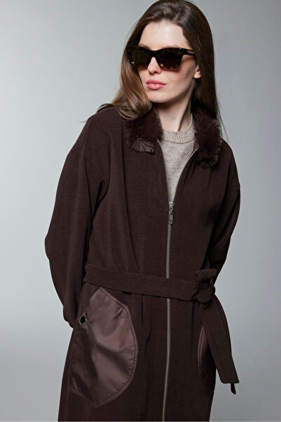 Zühre Fur Collar Belt Detailed Brown Giy Çık Gç-0316