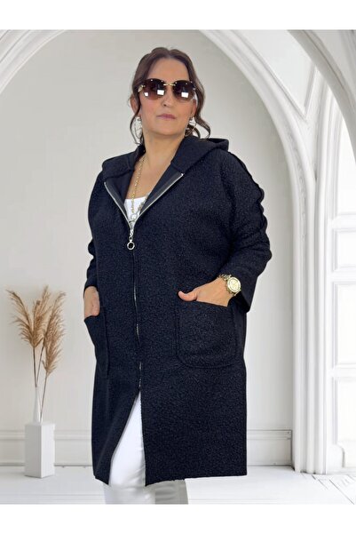 yagmurberen Hooded Bag Pocket with Zipper Large Size Curly Bouquet Coat