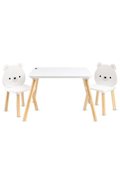 Moni Toys Set mobilier copii Ursuleți Albi, masă și 2 scaune din lemn, 3 ani+