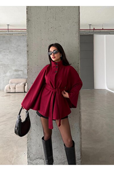 candybia Γυναικείο παλτό Poncho με λεπτομέρεια ζώνης, εισαγόμενο με κουμπιά καστανιάς, μοντέλο ψηλός λαιμός