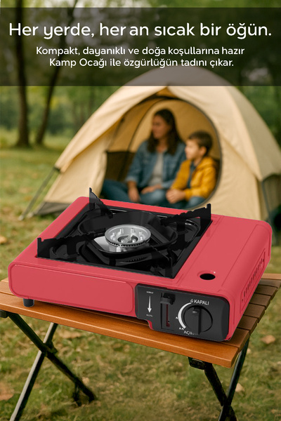 mimtec Portatif Kamp Ocağı - Taşıma Çantalı Gazlı Stop Emniyetli Kırmızı Kamp Ocağı ve 1 Adet 227 gr Kartuş