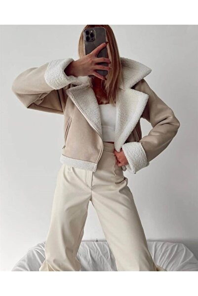 WoolnClyde Γυναικείο μπουφάν μπεζ με φερμουάρ από σουέτ με επένδυση από γούνα