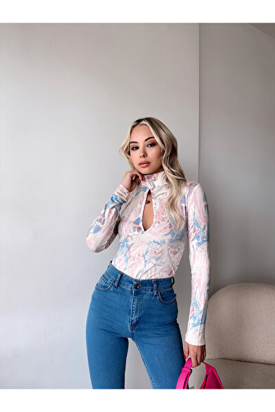 MELA ROSSA Women's Pink Patterned Mock Neck Window Long Sleeve Blouse