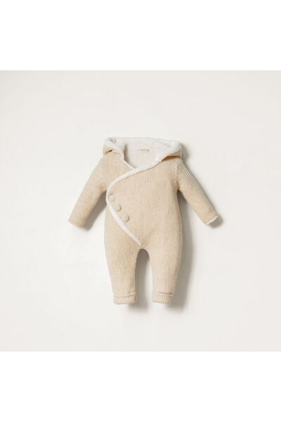 Nipperland 8372N Bebek Triko Linksli Düğmeli Kapüşonlu Naturel Yün Tulum