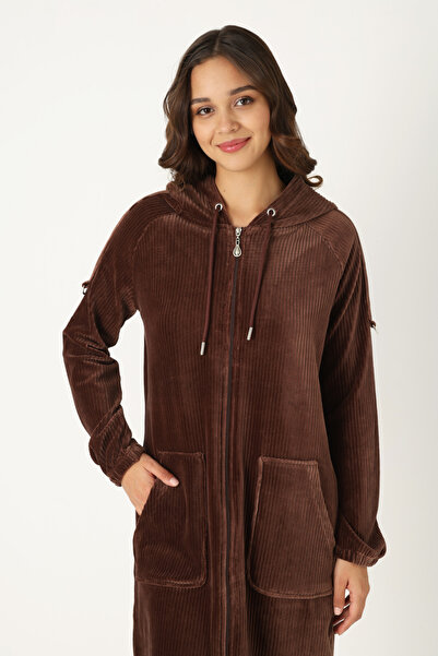 İntensive Καφέ με κουκούλα Φόρεμα με μακρυμάνικο βαμβακερό βελούδο με φερμουάρ καγκουρό