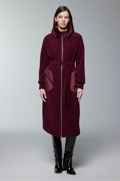 Zühre Burgundy Dress with Fur Collar and Belt Detail Giy Çık Gç-0316