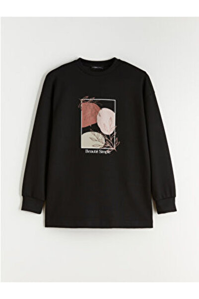 LC Waikiki Lcwaikiki Basicblack Crew Neck Printed Oversized Women's Tunic