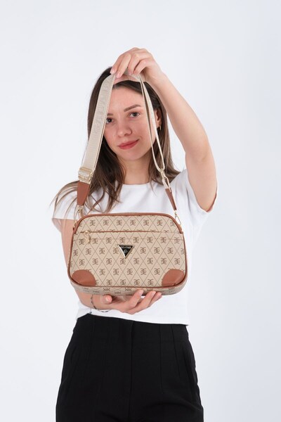Newish Women's Monogram Patterned Long Strap Crossbody Shoulder Bag 2 Pieces – Brown - Beige Tan
