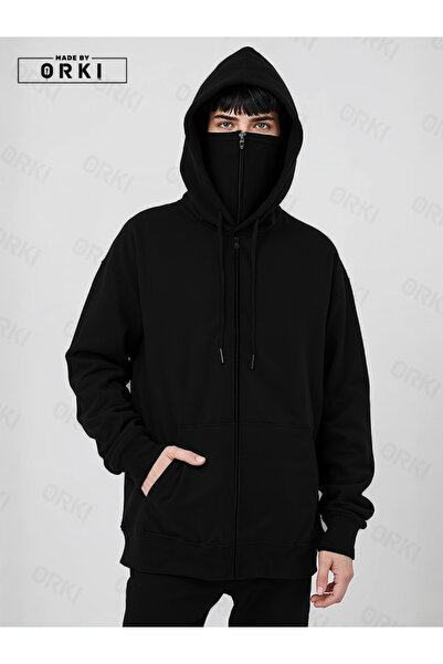 EFFRENATU Masked Ninja Black Unisex Sweatshirt Cardigan 3 Yarn Thick Pola