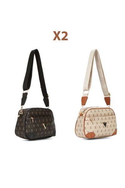 Newish Women's Monogram Patterned Long Strap Crossbody Shoulder Bag 2 Pieces – Brown - Beige Tan