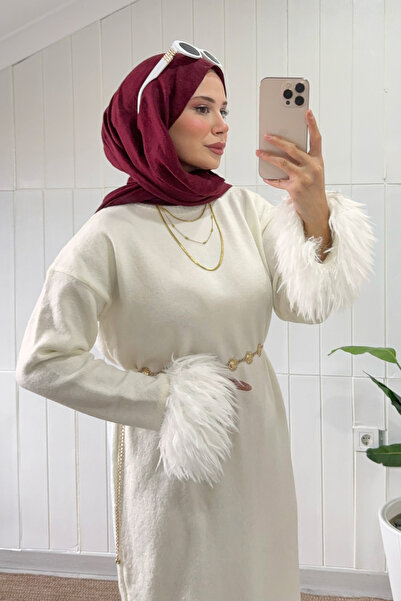 zhrcelebi Kolları Püsküllü Triko Elbise 07409 - KREM