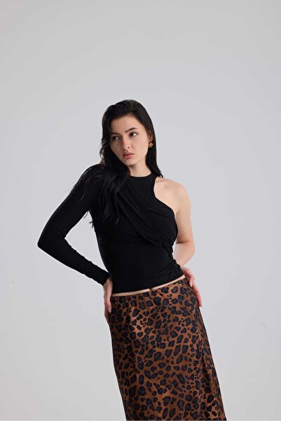 GACA COLLECTION OLİNDA Siyah Drapeli Tek Kol Asimetrik Kadın Body