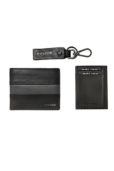 Police Elvin Gift set men's wallet + long key chain + card holder, genuine leather, black