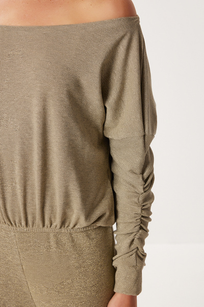 Lovelyİstanbul Glitter Shirred Knitted Blouse Pants Set Lzv0044 Beige