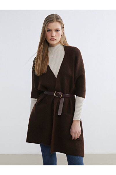 LC Waikiki Brown Shawl Collar Oversized Women's Knitwear Poncho