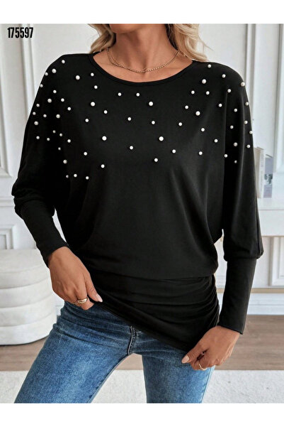 Modayakamoz Yeni Sezon Kadın Viskon Bluz Uzun Kollu Yuvarlak Yaka İncili Detaylı