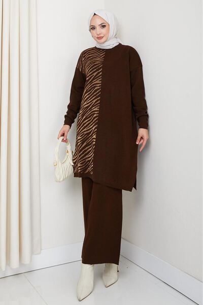 katalya Zebra Pattern Detailed Knitwear Set – Brown