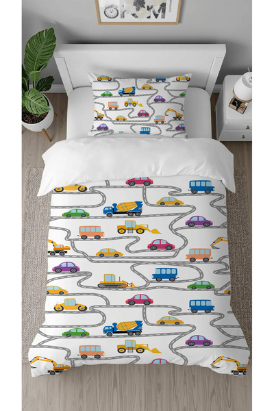 GREENDECOR Car Tractor Scoop Road Patterned Digital Printed Specially Designed Stylish Children's Duvet Cover Set Without Sheets