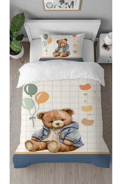 GREENDECOR Teddy Bear Balloon Beige Toy Patterned Digital Printed Special Design Stylish Children's Bedding Set Without Sheets