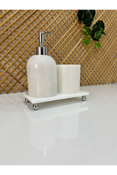 FARALYAHOME 3-Piece Bathroom Set with Liquid Soap Dispenser and Toothbrush Holder Bathroom Accessories Silver White Marble