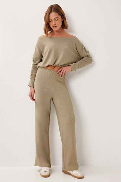 Lovelyİstanbul Glitter Shirred Knitted Blouse Pants Set Lzv0044 Beige