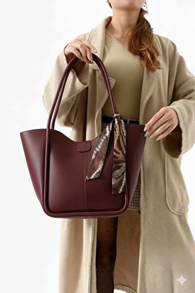 Eylül حقيبة كتف نسائية باللون العنابي مع حقيبة مكياج ووشاح