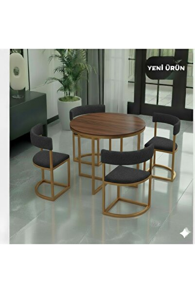 EDMONDA EV AKSESUAR MELİS GOLD METAL 90 CM ÇAP YUVARLAK YEMEK MASASI TAKIMI 4...