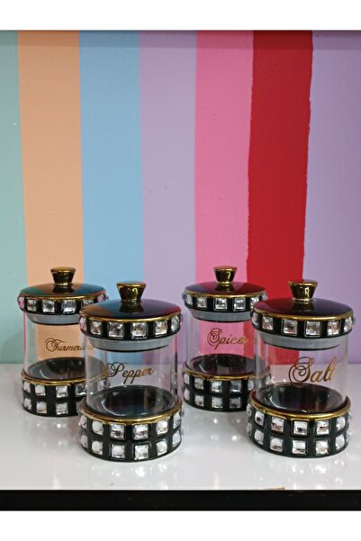 DEKOR ZÜCCACİYE HOME 4-Piece Royking Small Glass Spice Jar with Black Stone