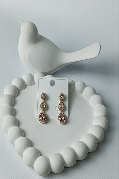 Birmem Kadın Gold Rengi Pembe Damla Taşlı Sallantılı Abiye Lüks Çelik Küpe