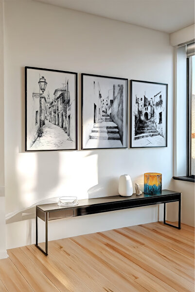 huhuli Ahşap Siyah Çerçeveli 3'lü Kara Kalem Tasarımlı Tablo Huhu517