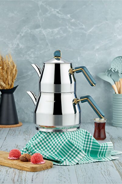 Cooker Everest 18/10 Paslanmaz Çelik Aile Boy Çaydanlık 1,40 L Demlik 2,75 L ...