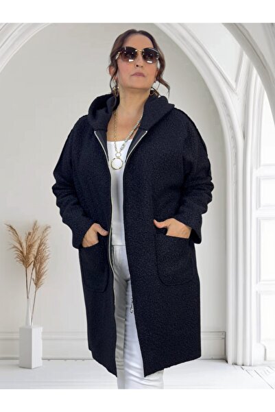 yagmurberen Hooded Bag Pocket with Zipper Large Size Curly Bouquet Coat