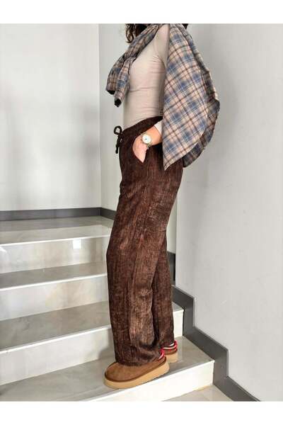 Sude Kızanlıklı Beli Lastikli Fitilli Kadife Pantolon