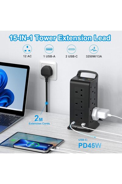 TOPREK Tower Extension Lead, 12-Way Surge Protected Power Strip with 2 USB-C (45W) & 1 USB-A (12W),