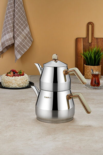 Cooker Everest 18/10 Paslanmaz Çelik Orta Boy Çaydanlık 0,75 L Demlik 1,75 L ...