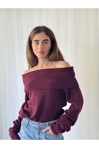 Retrobird Pulover de tricotat pliat, fără bretele, decoltat pe umăr, pentru femei, burgundy