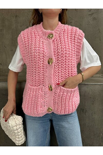 DONNA LISSA Women's Thick Knitted Big Button Pocket Detailed Oversized Knitwear Vest